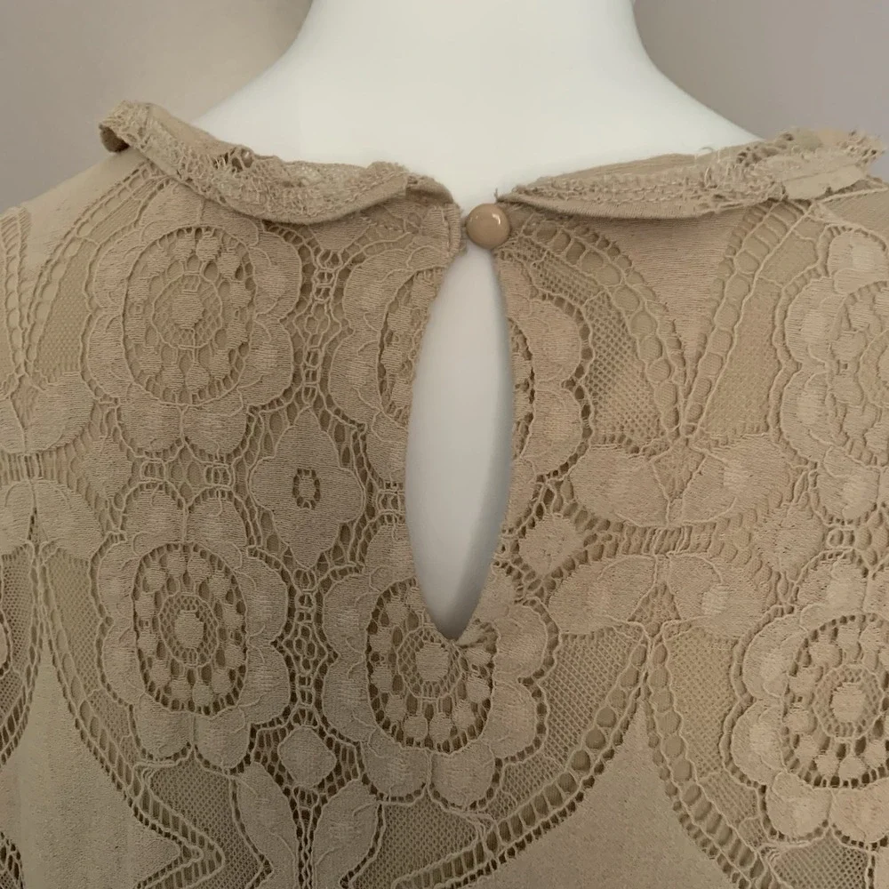 ULTRA PINK Cute Floral Lace Beige Top Smocked Long Sheer Sleeve Mock Blouse L